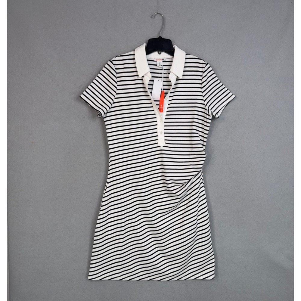 Sundry Polo Dress Womens Large Ivory Black Striped Ruched Short Sleeve Coastal